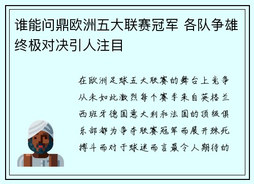 谁能问鼎欧洲五大联赛冠军 各队争雄终极对决引人注目