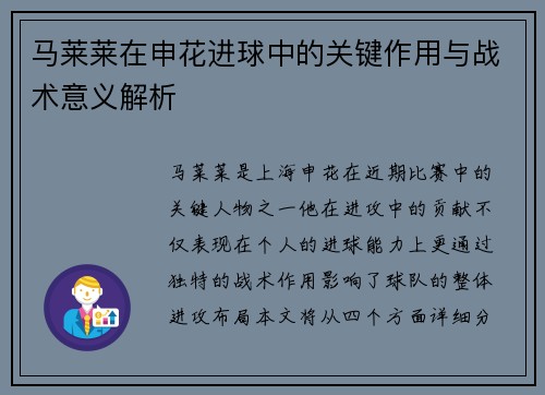 马莱莱在申花进球中的关键作用与战术意义解析